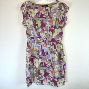 Anthropologie James Coviello Petal Impressions Sheath Ruffle Sleeve Dress Sz MP